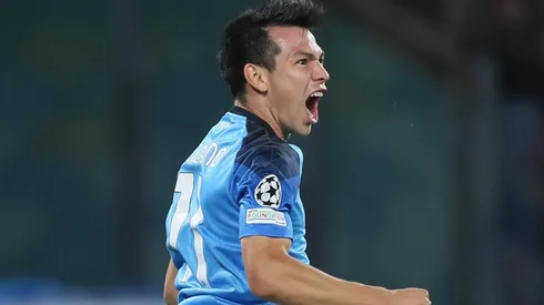 NAPLES, ITALY – OCTOBER 12: Hirving Lozano of SSC Napoli celebrates during the Champions League match between SSC Napoli