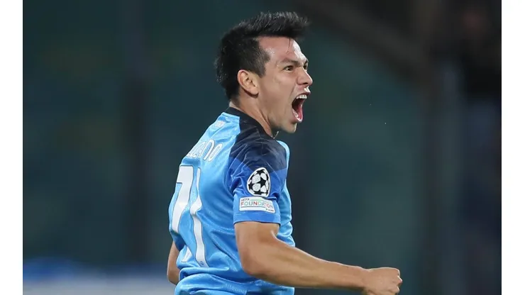 NAPLES, ITALY - OCTOBER 12: Hirving Lozano of SSC Napoli celebrates during the Champions League match between SSC Napoli