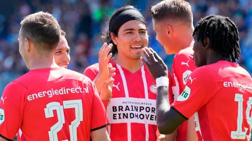 ZWOLLE, NETHERLANDS - MAY 15: Bruma of PSV celebrates 0-1 with Erick Gutierrez of PSV during the Dutch Eredivisie match between PEC Zwolle v PSV at the MAC3PARK Stadium on May 15, 2022 in Zwolle Netherlands (Photo by Photo Prestige/Soccrates/Getty Images)