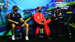 Sergio Pérez, Charles Leclerc y George Russell tras el Gran Premio de Australia.
