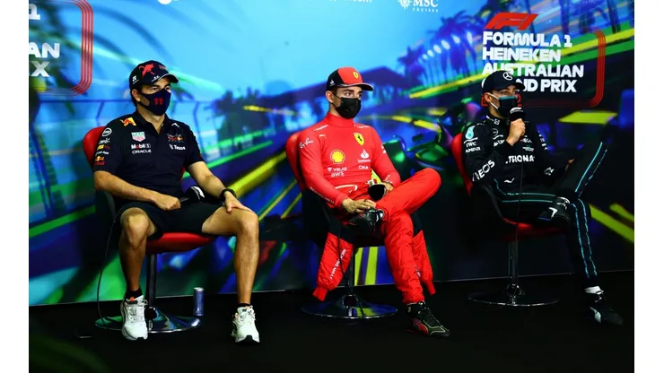 Sergio Pérez, Charles Leclerc y George Russell tras el Gran Premio de Australia.