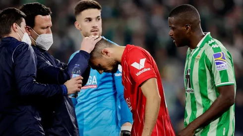 Atención a Joan Jordan tras la agresión en el estadio Benito Villamarín.