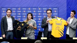 Carlos Valenzuela, Nallely Rangel, Mauricio Culebro y Quentin Pacquelier en la presentación de la alianza de Meta con Tigres.