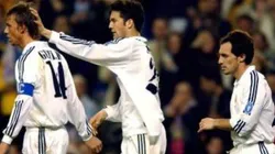 Santiago Solari festeja un gol de Guti para Real Madrid en la Champions League.