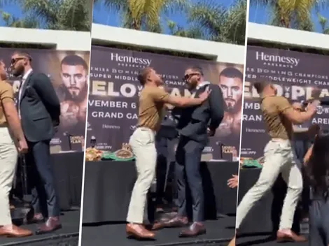 ¡Furia sin control! Canelo Álvarez y Caleb Plant, a los golpes arriba de un escenario