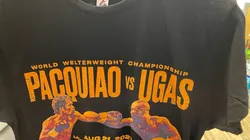 Así luce el frente de la camiseta promocional de Pacquiao vs Ugás
