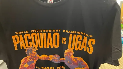 Así luce el frente de la camiseta promocional de Pacquiao vs Ugás