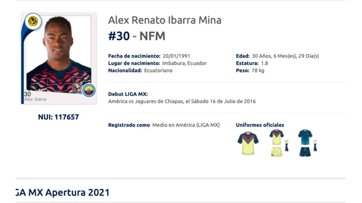 El registro de Renato Ibarra el plantel del América.