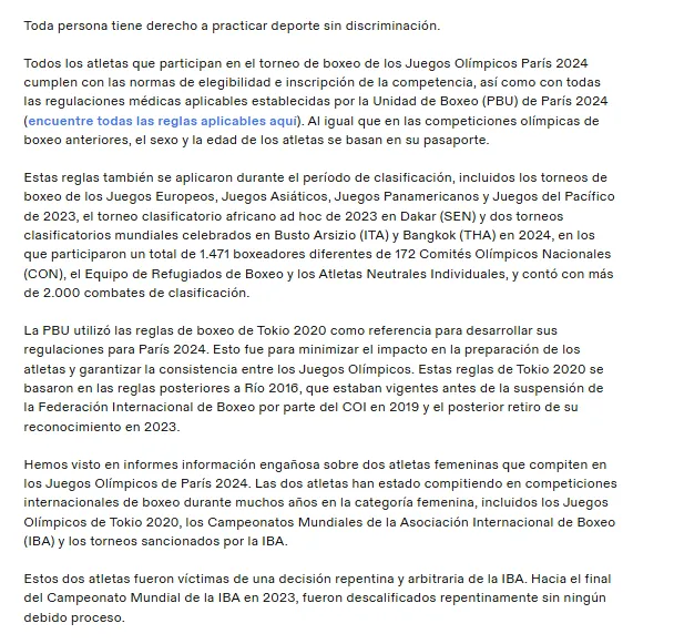 La primera parte del comunicado del COI sobre el caso Imane Khelif. (X)