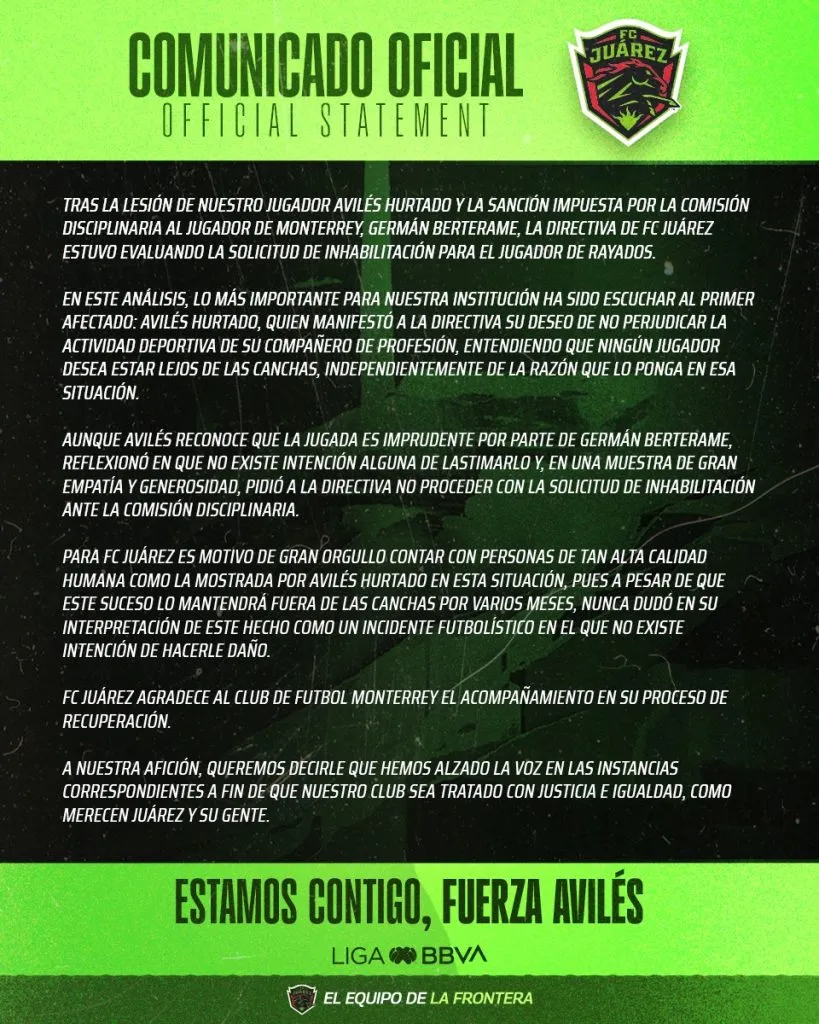 El comunicado de FC Juárez. (FC Juárez oficial)
