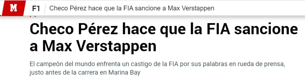 El diario español Marca responsabiliza a Checo Pérez por la sanción de Max Verstappen