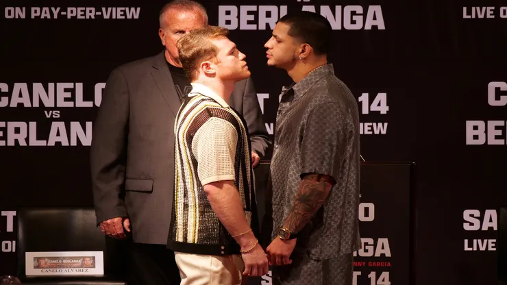 Canelo Álvarez y Edgar Berlanga cara a cara en la previa al combate de este sábado 14 de septiembre.