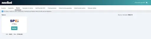 metodos de pago SPEI para retiro Novibet 