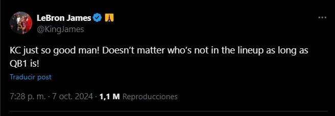 LeBron sobre los Chiefs. (Foto: X / @KingJames)