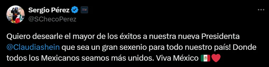 El mensaje de Checo Pérez para Claudia Sheinbaum en su cuenta de ‘X’
