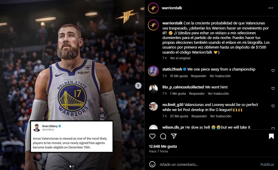 Valanciunas fue propuesto para Warriors. (Foto: Instagram / @warriorstalk)