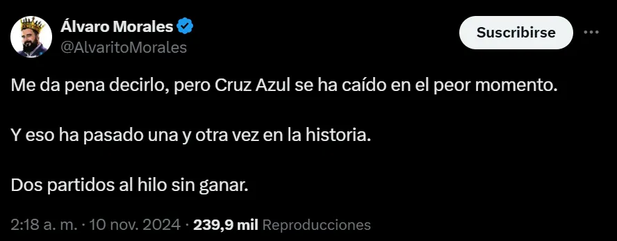 Álvaro Morales se aprovechó de los dos ”tropiezos” de Cruz Azul (Captura de X)
