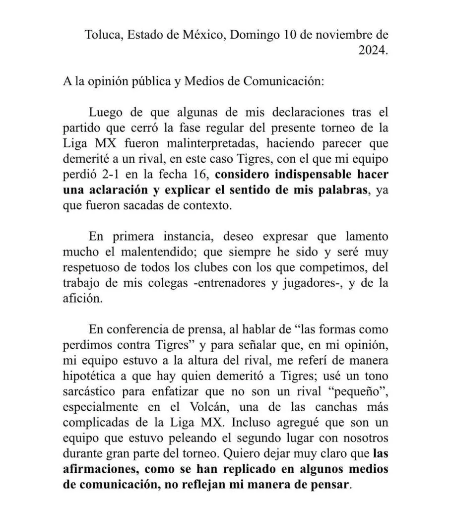 Una parte del comunicado de Renato Paiva (Fuente: @renatopaiva009)