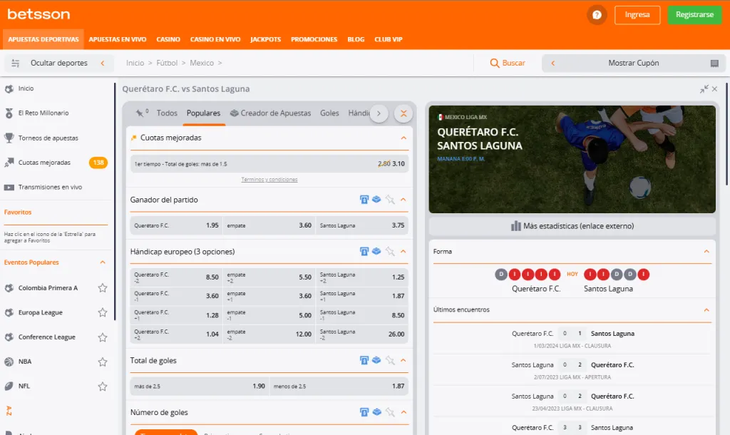 Pantalla mostrando página de Betsson