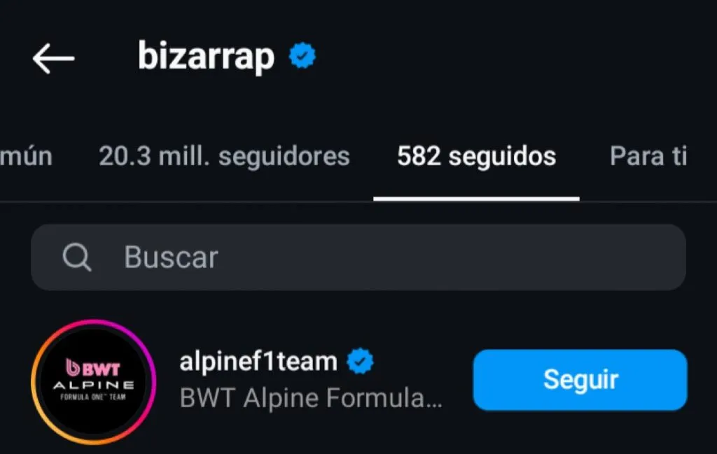Bizarrap siguió a Alpine en Instagram