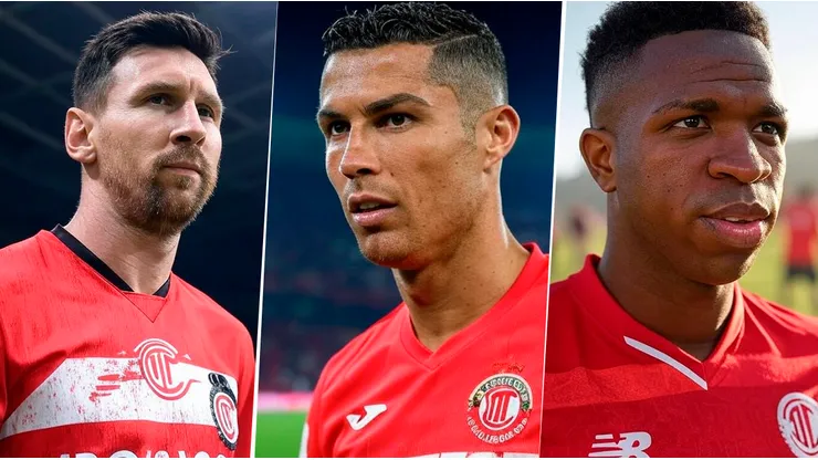 Messi, CR7 y Vini vistiendo playeras del Toluca.