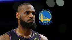 LeBron James y escudo de Golden State Warriors.