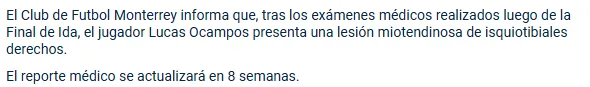 El parte médico de Lucas Ocampos (Fuente: Rayados)