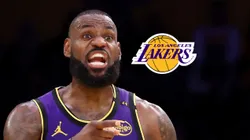 LeBron James y el escudo de los Lakers.