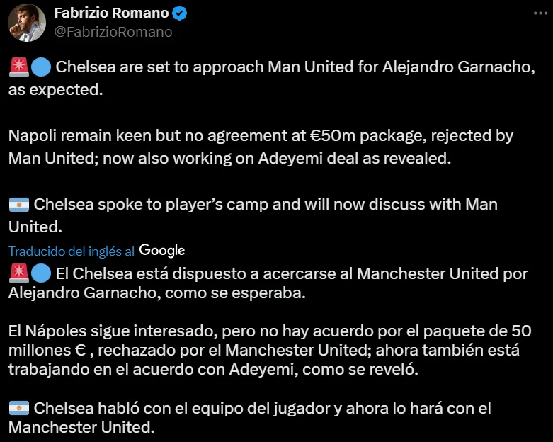 Fabrizio Romano confirmó la oferta de Chelsea por Alejandro Garnacho