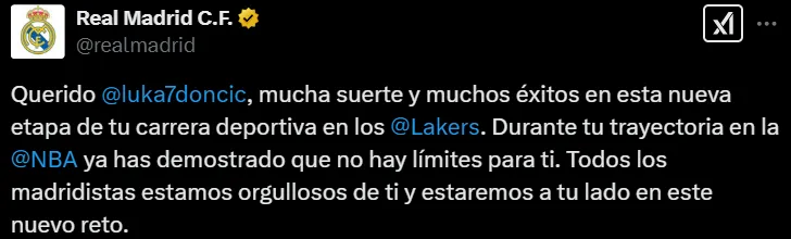 El mensaje de Real Madrid para Luka Doncic. (Twitter)