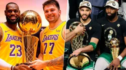 Lebron James, Luka Doncic, Jason Tatum y Jaylen Brown con el trofeo de la NBA