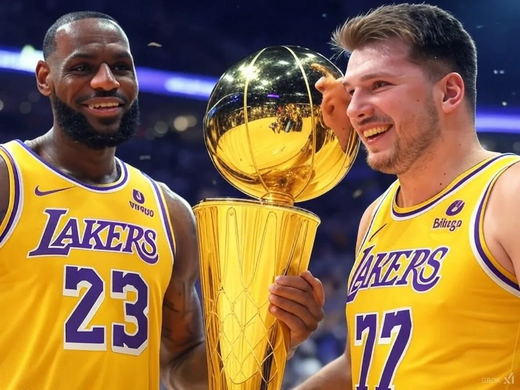 LeBron James y Luka Doncic llevarán a los Lakers a ganar el campeonato según la IA (IMAGEN GENERADA POR GROK IA)
