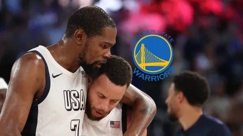 Kevin Durant, Stephen Curry y el logo de Golden State Warriors.