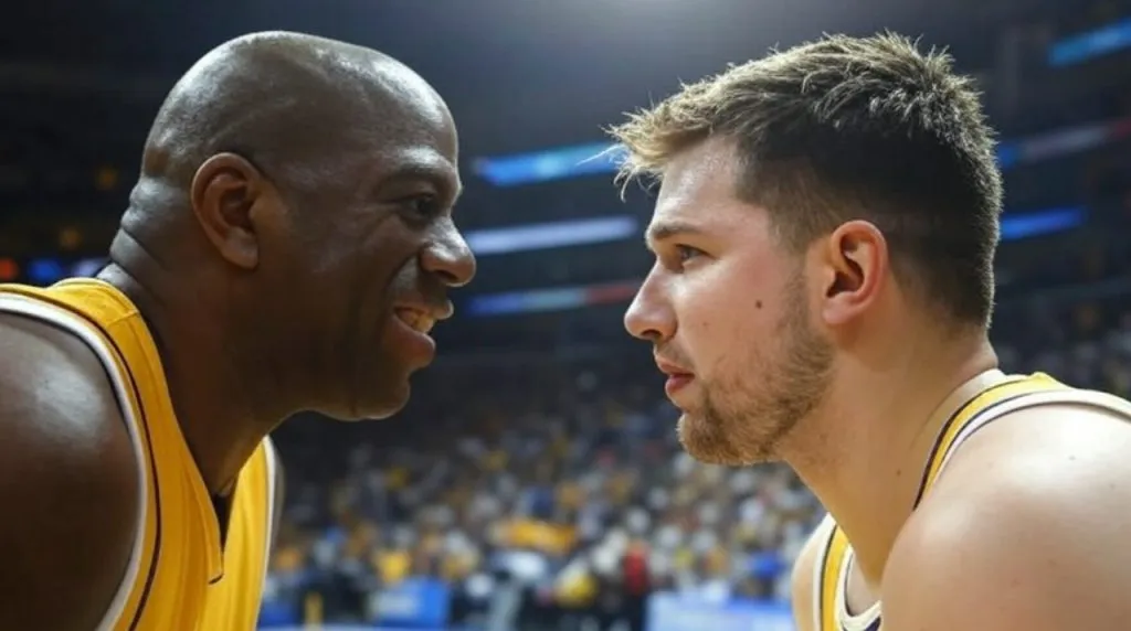 Magic Johnson y Luka Doncic. (Foto: Imagen generada por Grok IA)
