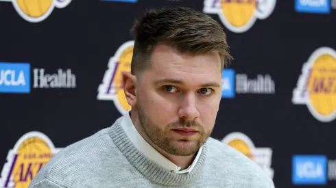 EL SEGUNDO, CALIFORNIA - FEBRUARY 04: Luka Doncic, formerly of the Dallas Mavericks, looks on at a press conference introducing him as a new member of the Los Angeles Lakers at UCLA Health Training Center on February 04, 2025 in El Segundo, California. (Photo by Harry How/Getty Images)