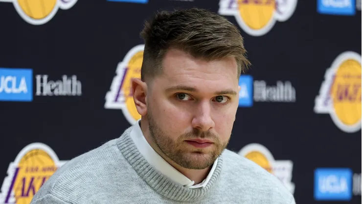 EL SEGUNDO, CALIFORNIA - FEBRUARY 04: Luka Doncic, formerly of the Dallas Mavericks, looks on at a press conference introducing him as a new member of the Los Angeles Lakers at UCLA Health Training Center on February 04, 2025 in El Segundo, California. (Photo by Harry How/Getty Images)