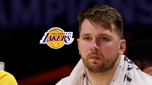 El logo de los Lakers y Luka Doncic.