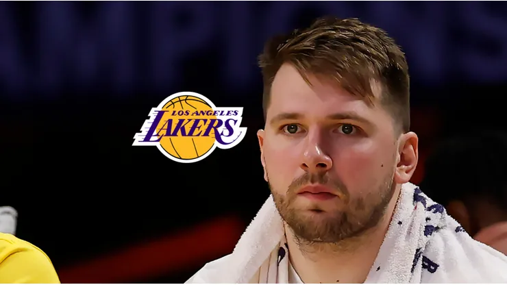El logo de los Lakers y Luka Doncic.
