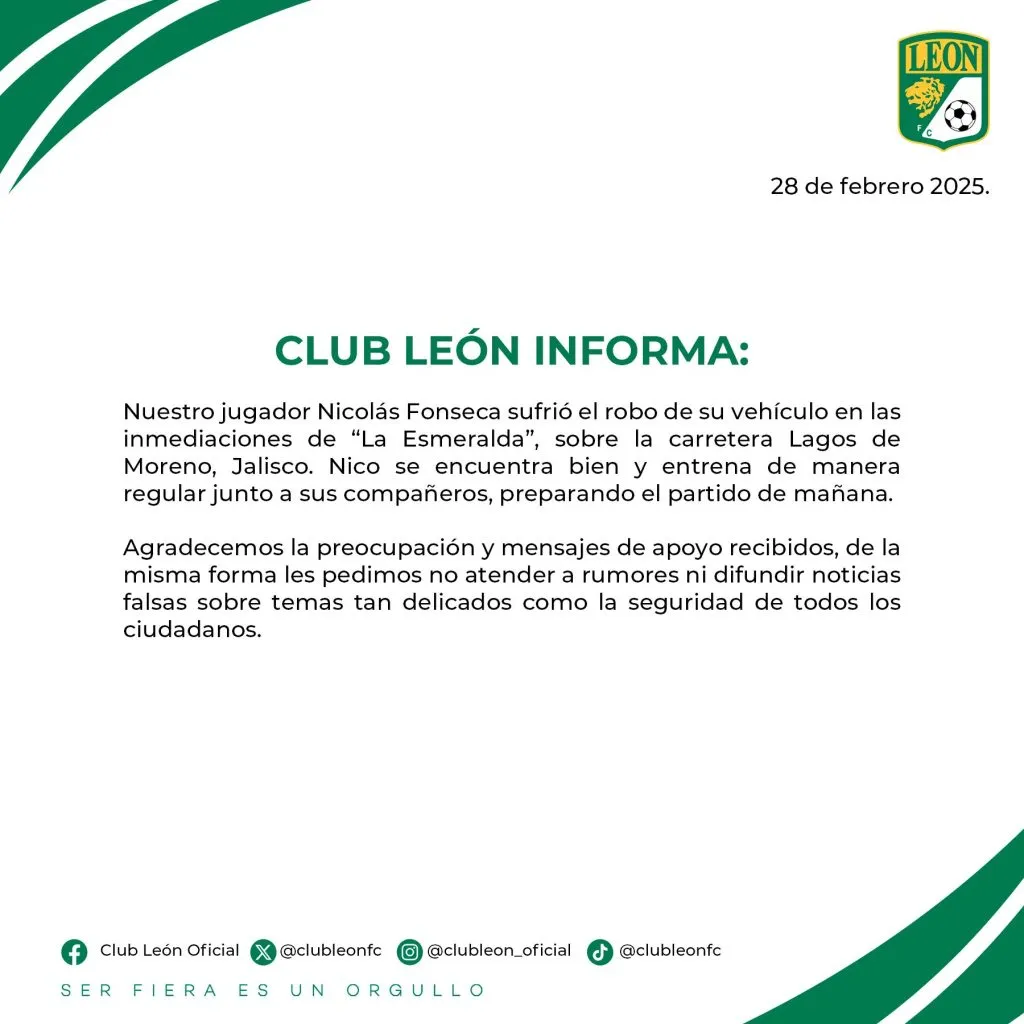 El comunicado de Club León (@clubleonfc)