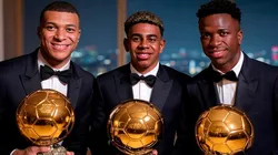Kylian Mbappé, Lamine Yamal y Vinicius con el trofeo del Balón de Oro