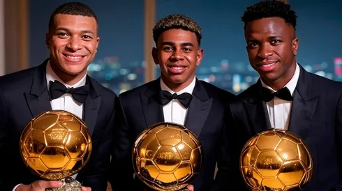Kylian Mbappé, Lamine Yamal y Vinicius con el trofeo del Balón de Oro