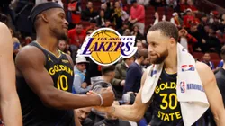 Jimmy Butler, el logo de Lakers y Stephen Curry.