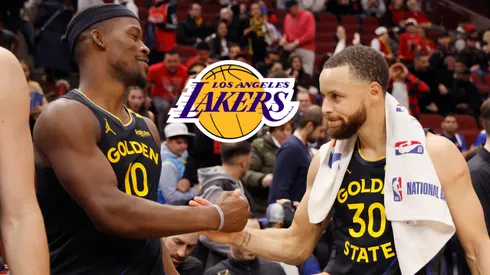 Jimmy Butler, el logo de Lakers y Stephen Curry.