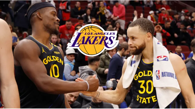 Jimmy Butler, el logo de Lakers y Stephen Curry.