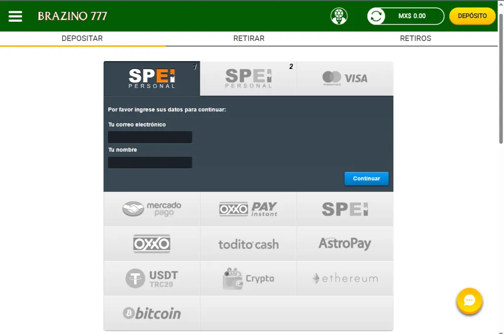 Métodos de pago Brazino777