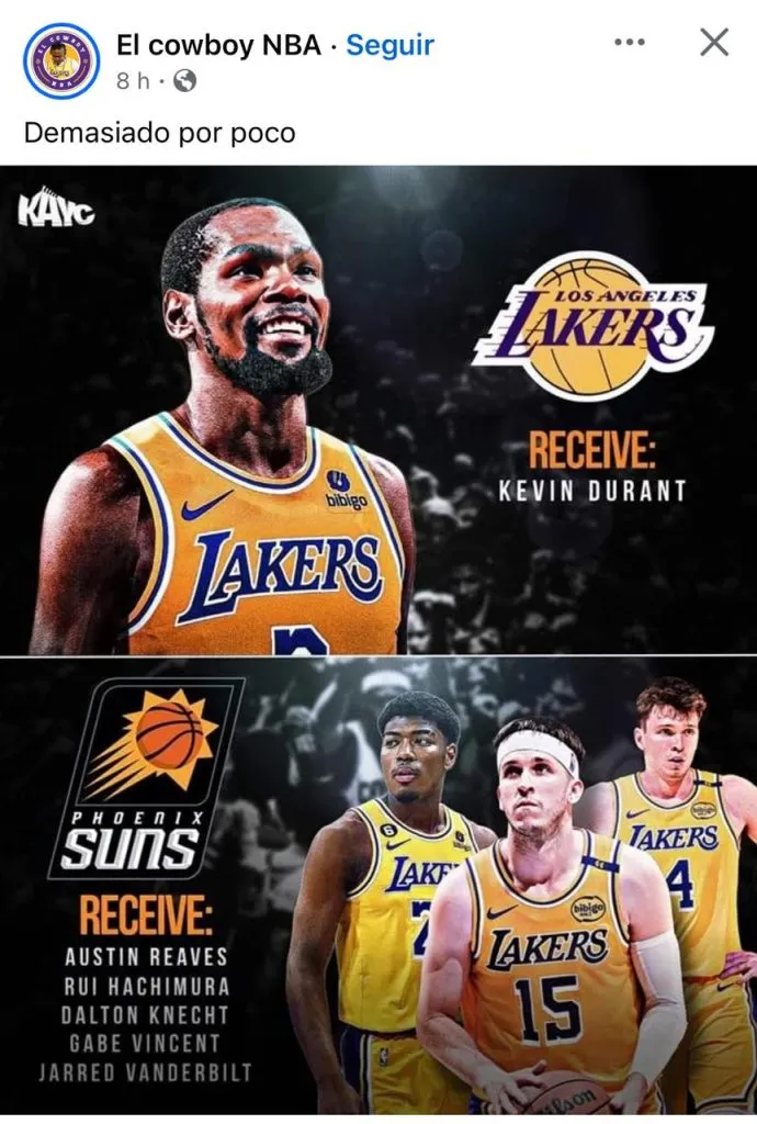 Así podría llegar Durant a los Lakers. (Foto: El Cowboy NBA)