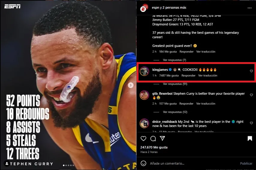 Reacción de LeBron al partidazo de Curry. (Foto: Instagram / @espn)