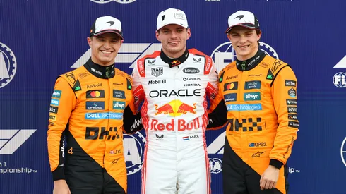 Lando Norris, Max Verstappen y Oscar Piastri luego de la Clasificación del GP de Japón