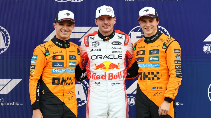 Lando Norris, Max Verstappen y Oscar Piastri luego de la Clasificación del GP de Japón