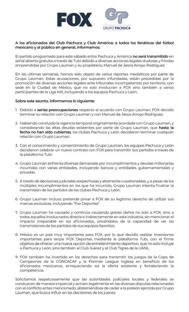 El comunicado de Grupo Pachuca y FOX Corporation (@Tuzos)